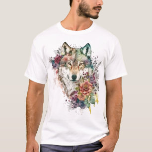 Colourful Wolf and Florals Watercolor in Nature T- T-Shirt