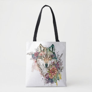 Colourful Wolf and Florals Watercolor in Nature Tote Bag