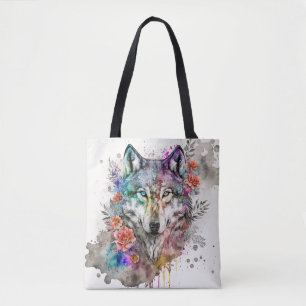 Colourful Wolf and Florals Watercolor in Nature Tote Bag