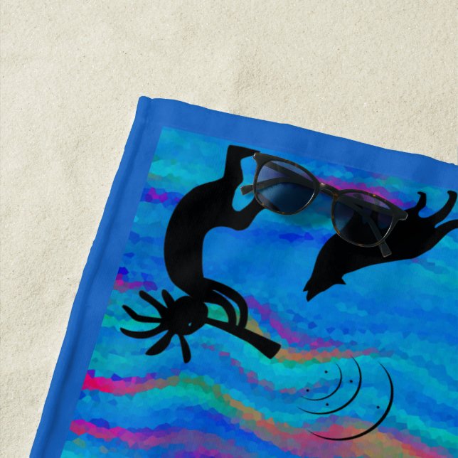 Colourful Wolf and Kokopelli Beach Towel (In Situ)