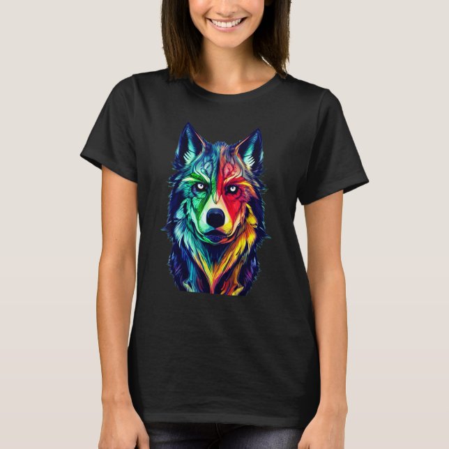 Colourful Wolf head predator face coloured animal T-Shirt (Front)