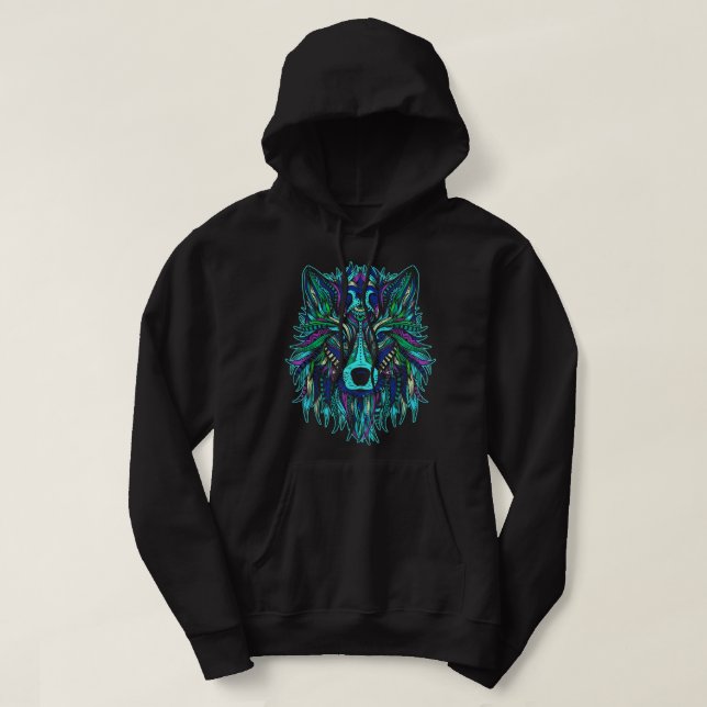 Colourful Wolf Head Tee Trendy Tribal Art (Design Front)