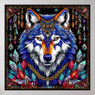 🐺 Colourful Wolf Jewellery Wild Fantasy Animal Ar Poster