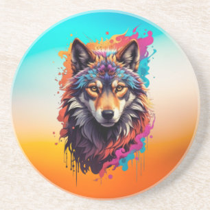 Colourful Wolf Portrait Abstract Animal Art-87694 Coaster