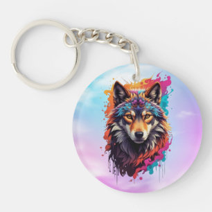 Colourful Wolf Portrait Abstract Animal Art-87694 Key Ring