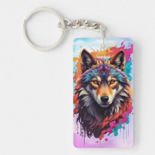 Colourful Wolf Portrait Abstract Animal Art-87694 Key Ring