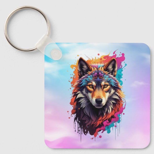 Colourful Wolf Portrait Abstract Animal Art-87694 Key Ring (Front)