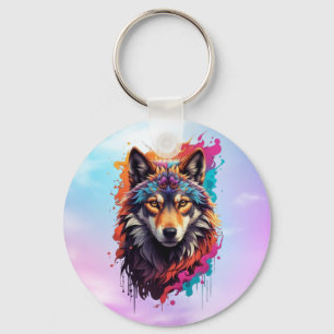 Colourful Wolf Portrait Abstract Animal Art-87694 Key Ring