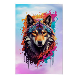 Colourful Wolf Portrait Abstract Animal Art-87694 Poster