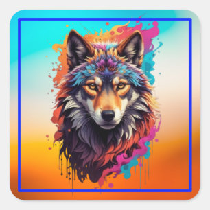 Colourful Wolf Portrait Abstract Animal Art-87694 Square Sticker
