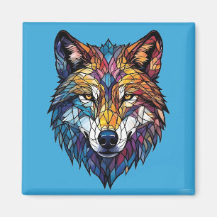 Colourful Wolf Silhouette in Mosaic Stained Glass Magnet
