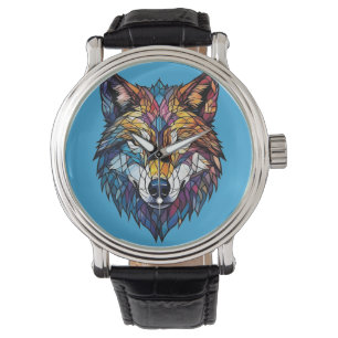 Colourful Wolf Silhouette in Mosaic Stained Glass Watch
