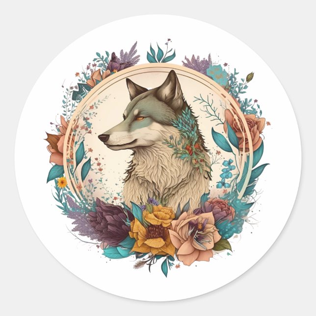 Colourful Wolf With Flowers Classic Round Sticker (Front)