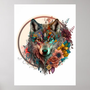 Colourful Wolf With Flowers Poster