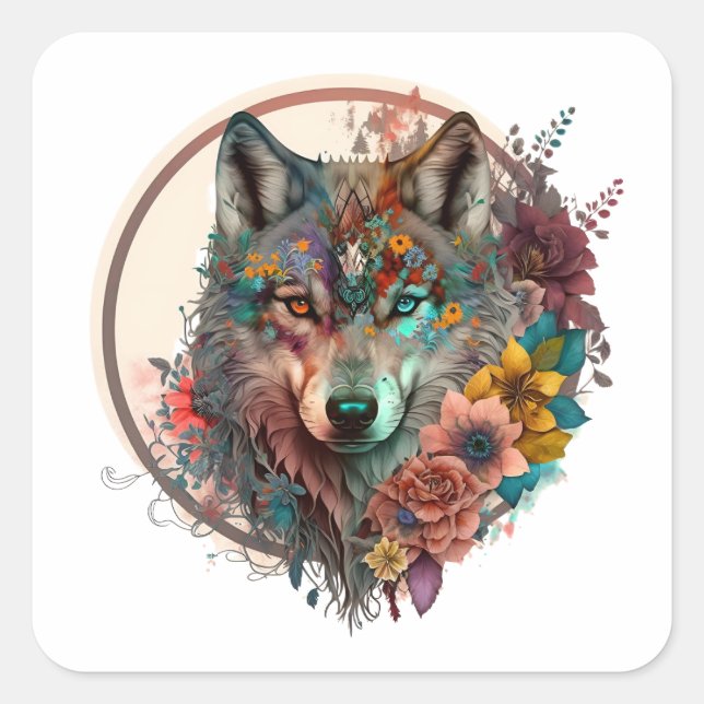 Colourful Wolf With Flowers Square Sticker (Front)