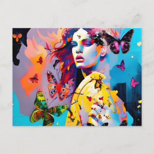 Colourful Woman and Butterflies Postcard