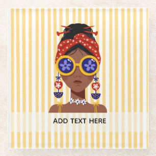 Colourful Woman Head Illustration on Yellow Glass Coaster