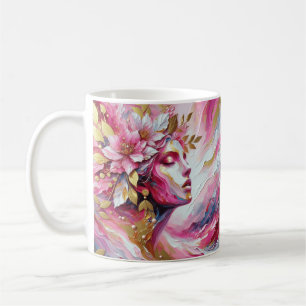Colourful woman pink gold leaves coffee tea mug