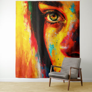 Colourful Woman Portrait Vibrant Close-Up Eye Tapestry