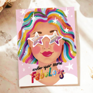Colourful Woman Rainbow Happy Birthday Illustrated Postcard
