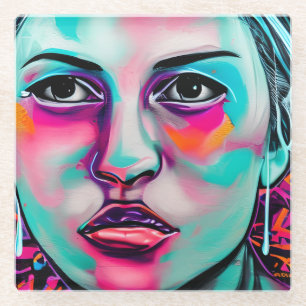 Colourful Women's Face AI Generated Lady's Face Glass Coaster