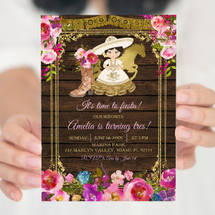 Colourful Wood Charro Mexican Girl is Turning Tres Invitation