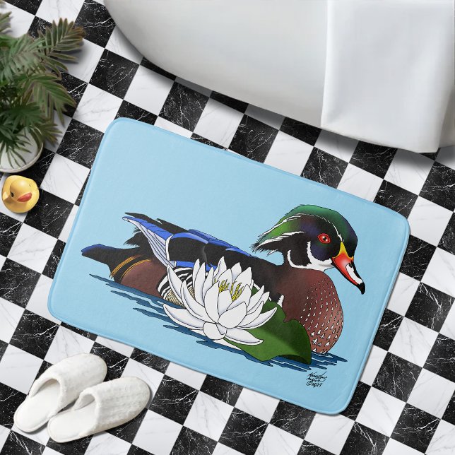 Colourful Wood Duck Water Lily Wildlife Blue Bath Mat (Creator Uploaded)