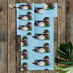 Colourful Wood Duck Water Lily Wildlife Blue Bath Towel Set