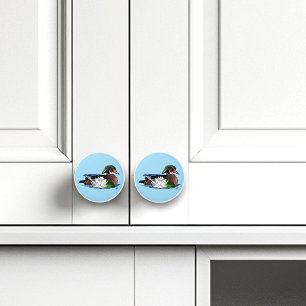 Colourful Wood Duck Water Lily Wildlife Blue Ceramic Knob