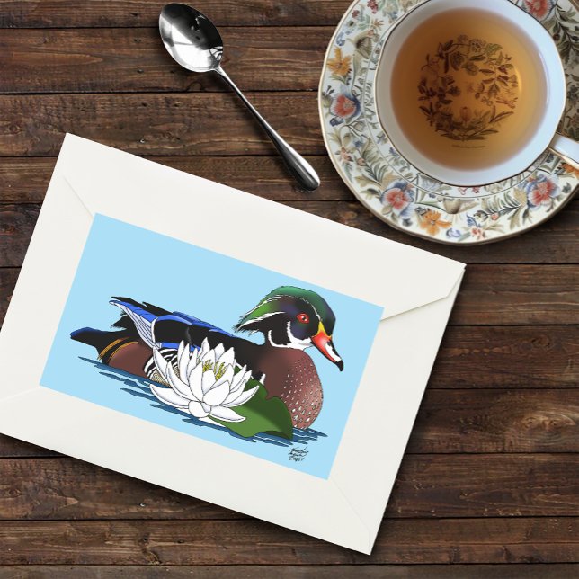 Colourful Wood Duck Water Lily Wildlife Blue Rectangular Sticker (Creator Uploaded)