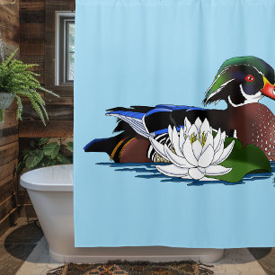 Colourful Wood Duck Water Lily Wildlife Blue Shower Curtain