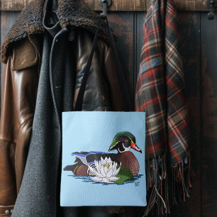 Colourful Wood Duck Water Lily Wildlife Blue Tote Bag