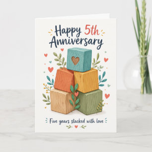 Colourful Wooden Blocks Floral 5th Anniversary Card