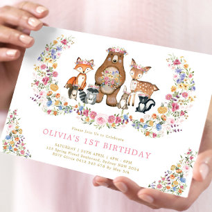 Colourful Woodland Animals Garden Flowers Birthday Invitation