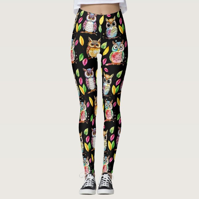 Colourful Woodland Owls and Leaves Watercolor Leggings (Front)