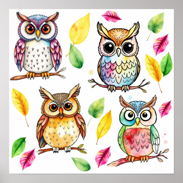 Colourful Woodland Owls and Leaves Watercolor Poster (Front)