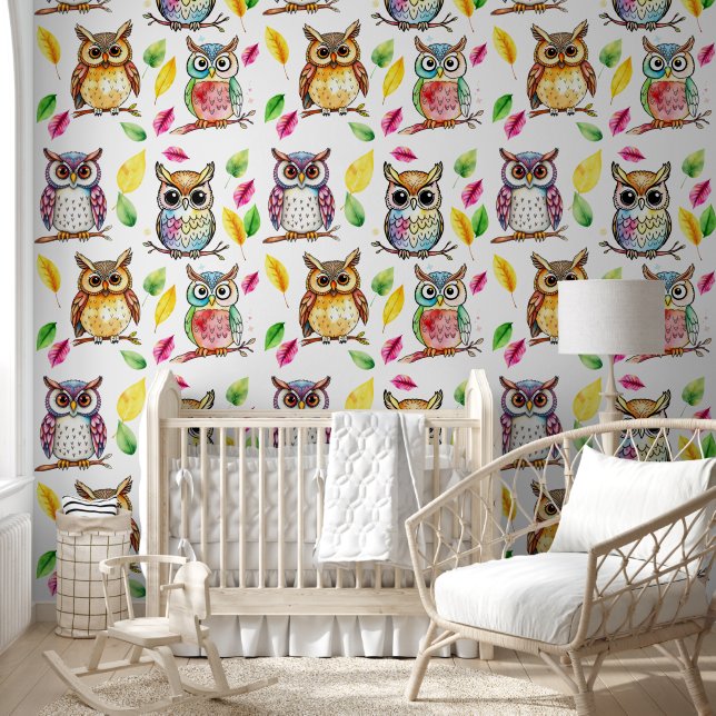 Colourful Woodland Owls and Leaves Watercolor Wallpaper (Kids)