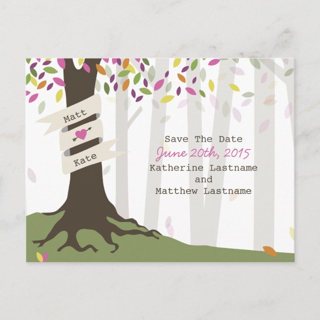 Colourful Woodland Wedding Save The Date Postcard (Front)