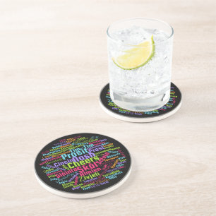 Colourful Word Art Cheers in Many Languages Coaster