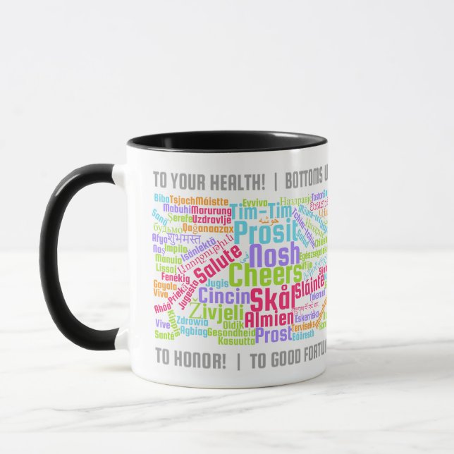Colourful Word Art Cheers in Many Languages Mug (Left)