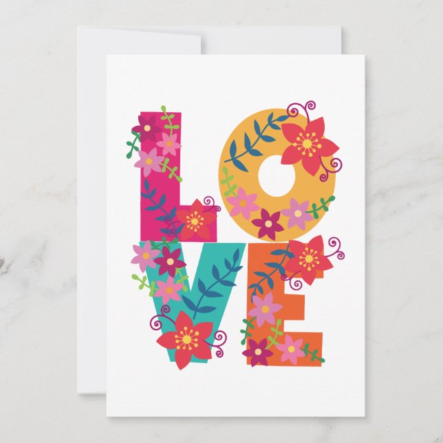 Colourful word love decorated with flowers announcement (Front)
