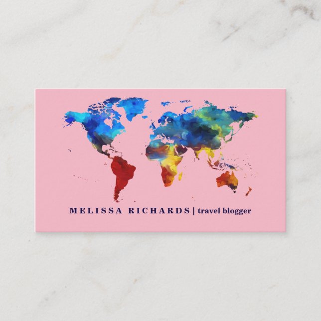 Colourful World Map Travel  Blog Business Card (Front)