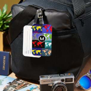 Colourful World Maps with Initial Luggage Tag