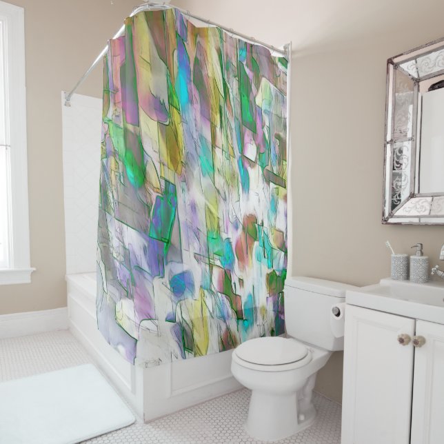 Colourful worn, fray between matte and satin shower curtain (In Situ)