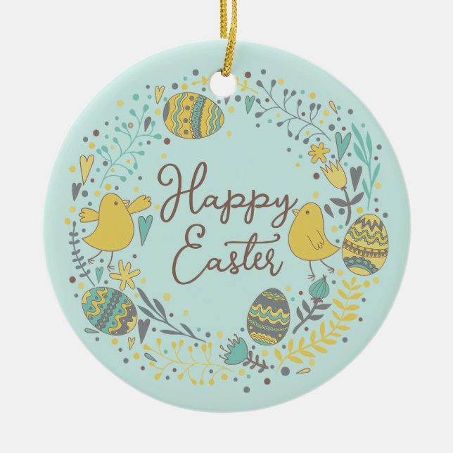Colourful Wreath of Joyful Chicks Eggs and Greetin Ceramic Tree Decoration (Front)