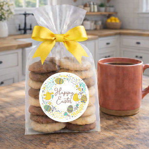 Colourful Wreath of Joyful Chicks Eggs and Greetin Classic Round Sticker