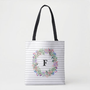 Colourful Wreath Stripes Monogram Tote Bag