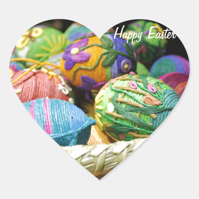 Colourful Yarn Decorated Easter Eggs Heart Sticker (Front)