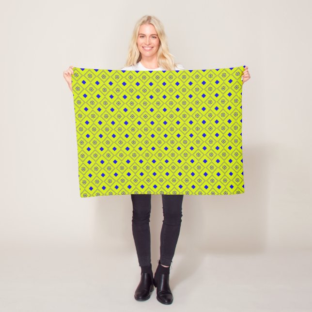 Colourful yellow and blue patterned  eye-catching fleece blanket (In Situ)