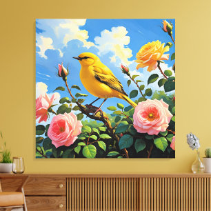 Colourful yellow bird and pretty pink roses canvas print